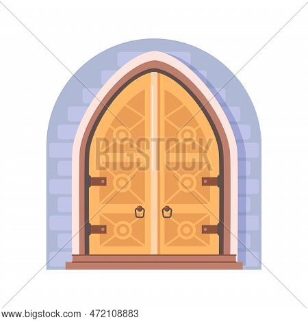 Doors To Castle Or Historical Building. Isolated Entrance With Wooden Carvings And Ornaments, Handle