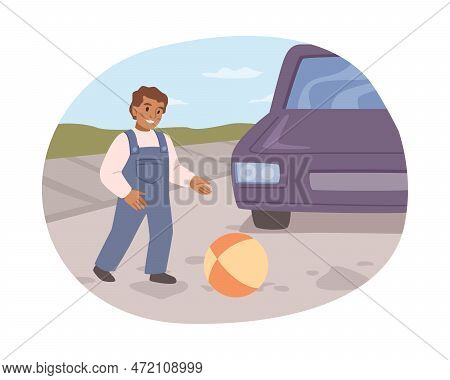 Kid Playing Ball On Road With Passing Cars. Dangerous Behavior Of Child, Unwatched By Parents. Risks
