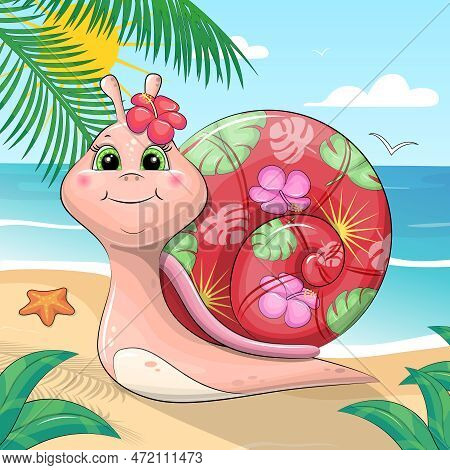 Cute Cartoon Snail With A Hawaiian Shell. Summer Vector Illustration With Sun, Sea And Palm Leaves.