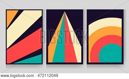 Triptich Of Interior Pictures In Retro Style. Collection Of Colorful Vintage Vector Illustrations