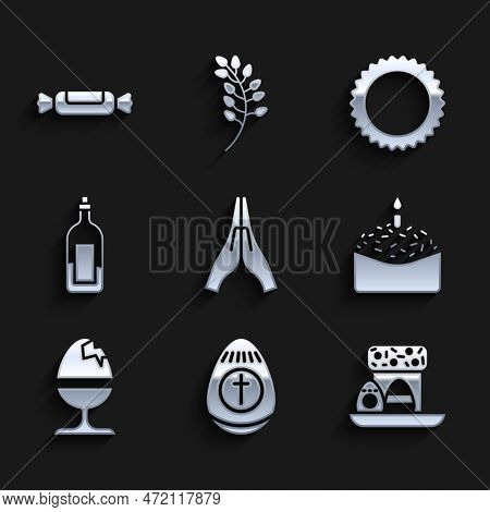 Set Hands In Praying Position, Easter Egg, Cake Eggs, Candle, Chicken Stand, Bottle Of Wine, Sun And