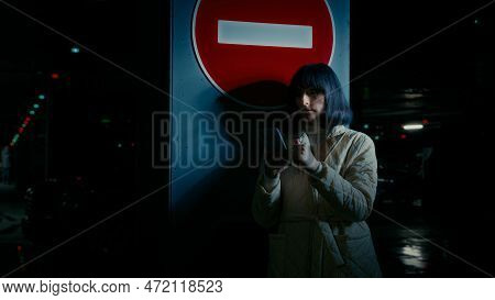 Full Height Shooting Woman Female Lady Businesswoman Driver Standing At Parking Lot Near Stop No Ent