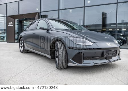 Prague, Czech Republic, March 3. 2023: Ioniq 6 New Model Electric Car From Hyundai In Front Of The C