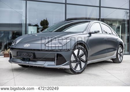 Prague, Czech Republic, March 3. 2023: Ioniq 6 New Model Electric Car From Hyundai In Front Of The C