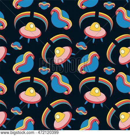 1970 Groovy Cosmos Seamless Pattern. Funky Vintage Background With Trippy Saturn Planet Ufo Alien Sh