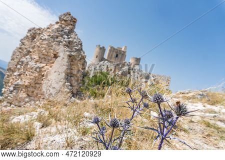 Calascio, Italy-august 9, 2021:particular Of The Ruins Of Rocca Calascio During A Sunny Day