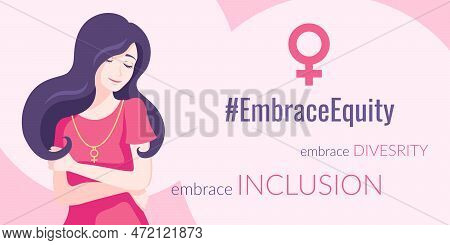 Embraceequity Movement Banner, Greeting With International Women's Day With A Woman In A Red Dress H