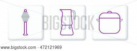 Set Line Cooking Pot, Honey Dipper Stick And Moka Icon. Vector