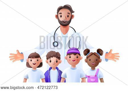3d Pediatrician, Family Doctor Children Healthcare Concept, Vector Medical Female Male Character. Ca