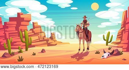 Western Background. Cartoon Texas Cowboy Character, Horseman At Desert Canyon, Wild West Landscape, 