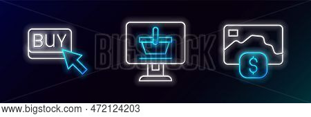 Set Line Credit Card, Buy Button And Shopping Cart Computer Icon. Glowing Neon. Vector