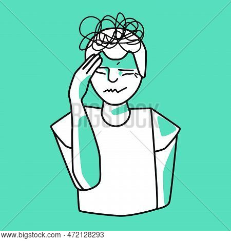 Stressed Boy, Emotion Of Anxiety, Mint And White. Stressful Mood Of A Teenager, Worry Adolescent Wit