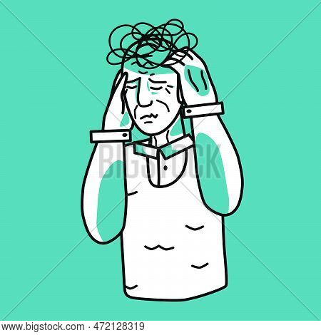 Stressed Grandfather, Emotion Of Anxiety, Mint And White. Stressful Mood Of An Old Man, Worried Elde