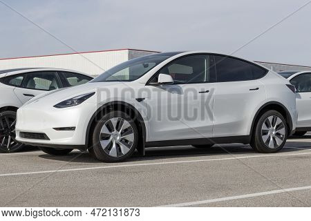 Indianapolis - Circa March 2023: Tesla Model Y Display At A Dealership. The Tesla Model Y Is An All-