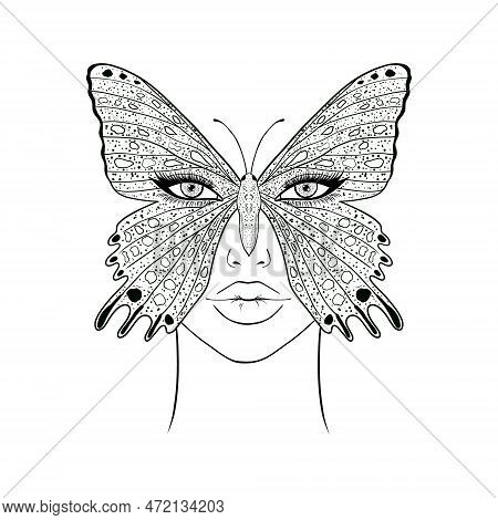 Butterfly And Woman Face.hand Drawn Illustration On White Background.