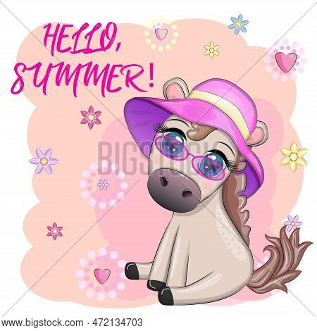 Nice Horse, Pony In Flower Wreath, Hat, Guitar, Hula Dancer From Hawaii. Summer Card For The Festiva