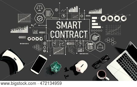 Smart Contract Theme With Electronic Gadgets And Office Supplies - Flat Lay