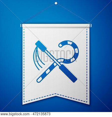 Blue Crook And Flail Icon Isolated On Blue Background. Ancient Egypt Symbol. Scepters Of Egypt. Whit