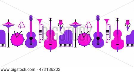 Musical Instruments Seamless Border Vector Pattern. Drum, Piano, Trumpet, Guitar Cartoon Design Elem