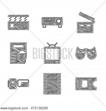 Set Retro Tv, Play Video, Cinema Ticket, Comedy And Tragedy Masks, Camera, Poster, Movie Clapper And