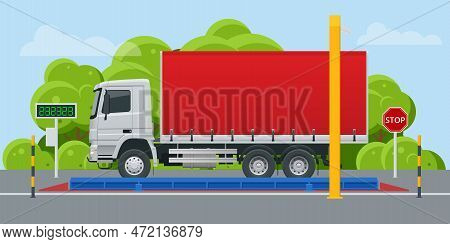 Flat Loaded Trailer Truck On Weighbridge. Weighing Control Platform. Container Car On The Weighing S