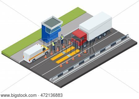 Isometric Loaded Trailer Truck On Weighbridge. Weighing Control Platform. Container Car On The Weigh