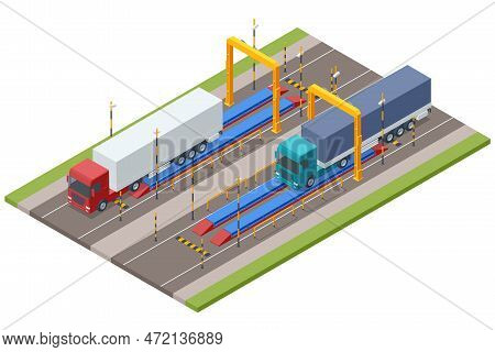 Isometric Loaded Trailer Truck On Weighbridge. Weighing Control Platform. Container Car On The Weigh