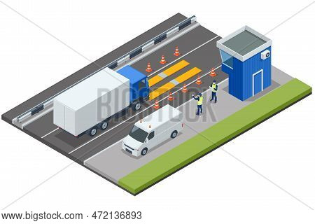 Isometric Loaded Trailer Truck On Weighbridge. Weighing Control Platform. Container Car On The Weigh