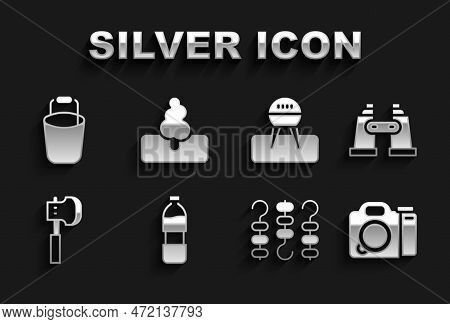 Set Bottle Of Water, Binoculars, Photo Camera, Grilled Shish Kebab On Skewer, Wooden Axe, Barbecue G