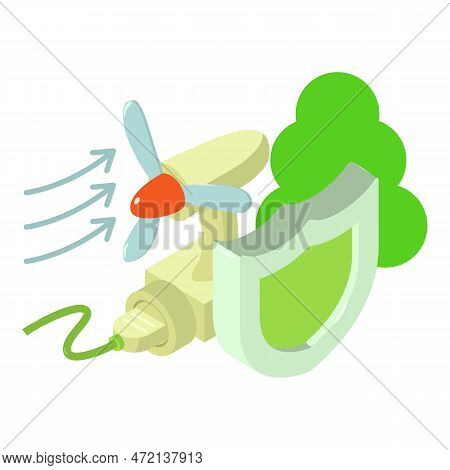 Wind Energy Icon Isometric Vector. Powered Table Fan And Tree Behind Shield Icon. Ecology Concept, A