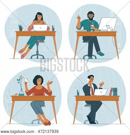 Office Workers And Professonals. Attractive Young Confident Men Women Sitting At The Office Table.