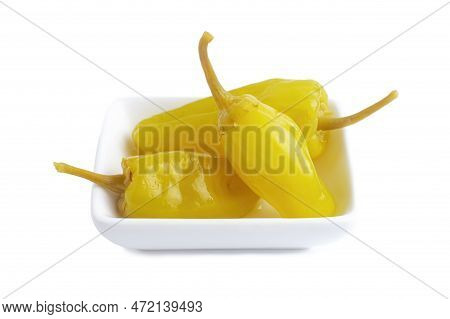 Three Pickled Yellow Peppers, Pepperoncini Or Friggitelli Isolated On White Background. Hot Pepper M