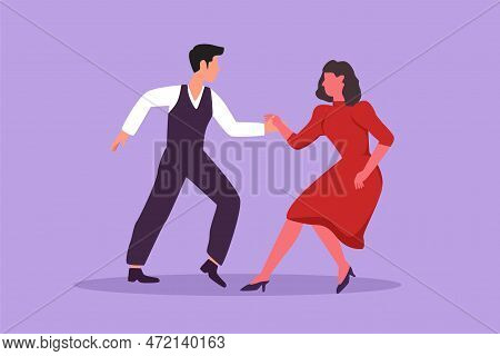 Cartoon Flat Style Drawing Happy People Dancing Salsa. Young Man And Woman In Dance. Pair Of Dancer 