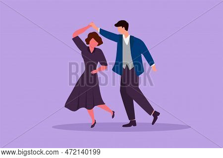 Cartoon Flat Style Drawing Attractive Man And Woman Performing Dance At School, Studio, Party. Male 