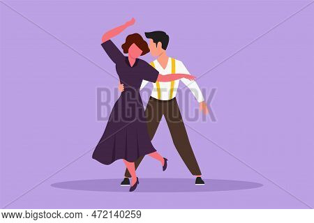 Character Flat Drawing Of Young Man And Woman Professional Dancer Dancing Tango, Waltz Dances On Dan