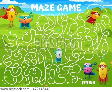 Labyrinth Maze. Cartoon Cheerful Superhero Vitamin Characters. Search Path, Find Way Puzzle Or Kids 