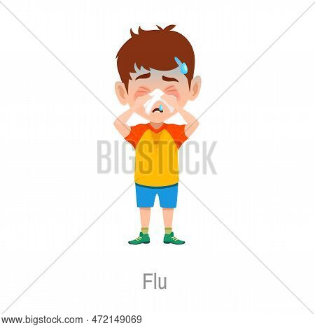 Child With Flu Disease. Isolated Vector Sick Boy With Fever And Runny Nose. Seasonal Cold, Viral Sic