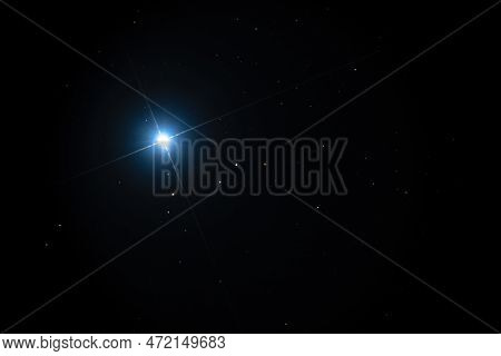 Night Sky Background With Bright Sirius Star On Black Sky With Stars. Astro Photo On Winter Night Wi