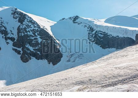 Minimalist Mountain Landscape With Large Glacier In Sunlight. Simple Snowy Minimalism With Glacial T