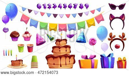 Cute Birthday Vector Party Element Set With Cake. Isolated Ballon, Hat, Flar Garland And Candle Numb