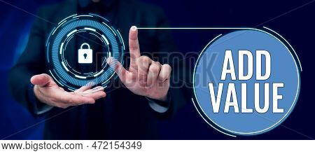 Text Caption Presenting Add Value. Word Written On An Improvement Or Addition To Something That Make