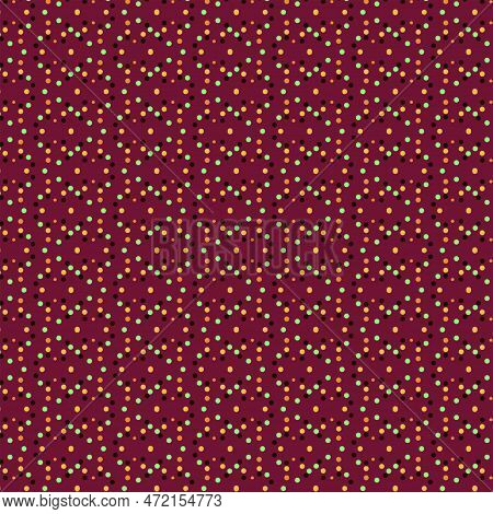 Abstract Geometric Wavy, Zigzag, Chevron Pattern Bright Orange, Green And Black Polka Dots On A Dark
