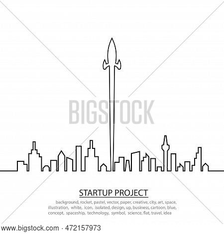 Space Rocket Launch To The Sky And City On Background. Vector Illustrator