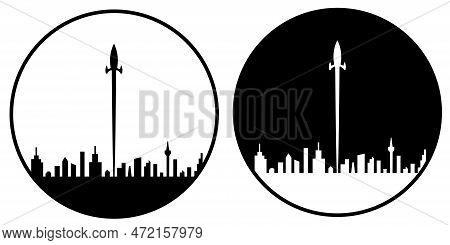 Space Rocket Launch To The Sky And City On Background. Vector Illustrator