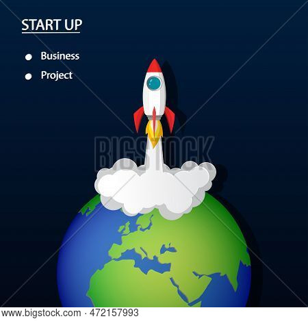 Space Rocket Launch To The Night Sky, Earth, And Smoke On Background.
