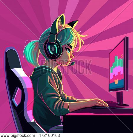 Girl Gamer Or Streamer With A Headset Sits In Front Of A Computer