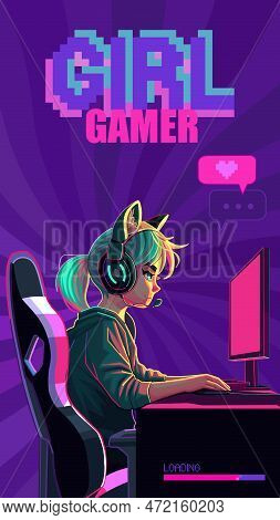 Girl Gamer Or Streamer With A Headset Sits In Front Of A Computer