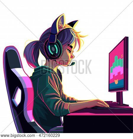 Asian Girl Gamer Or Streamer With A Headset Sits In Front Of A Computer