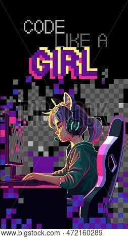Asian Girl Programmer With A Headset Sits In Front Of A Computer