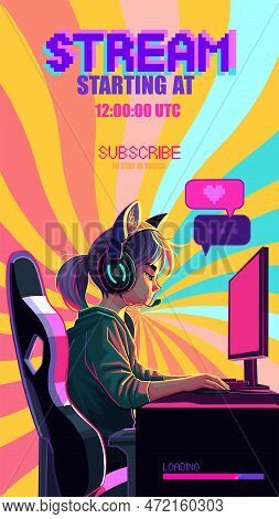 Asian Girl Gamer Or Streamer With A Headset Sits In Front Of A Computer